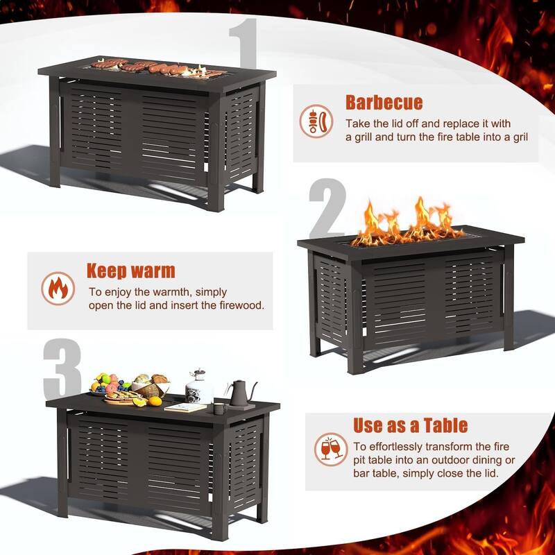 AECOJOY Outdoor Fire Pit Table, 43 Inch Wood Burning Grill Firepits, Metal Fireplaces with Waterproof Cover, 3 in 1 Fire Pits