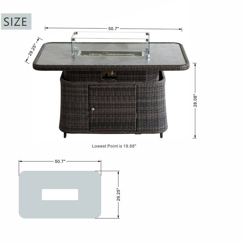 7-Piece Outdoor Patio Furniture Set with Adjustable Propane Fire Pit Table, Wicker Sofa and Tempered Glass Side Tables