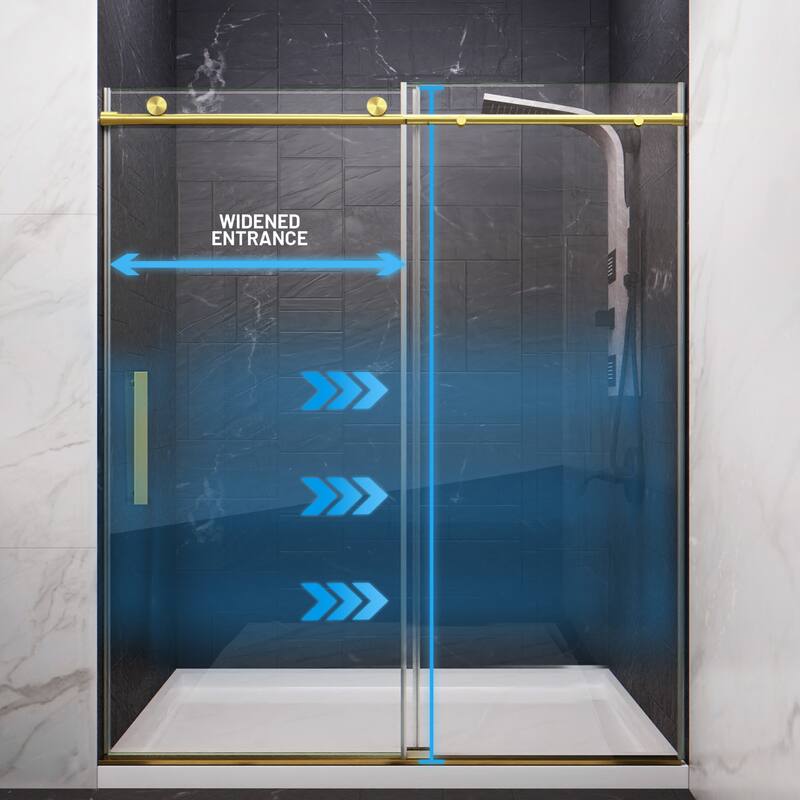 Mountain 60-inch Reversible Frameless Sliding Deco-Glass Shower Door with Soft-Close System