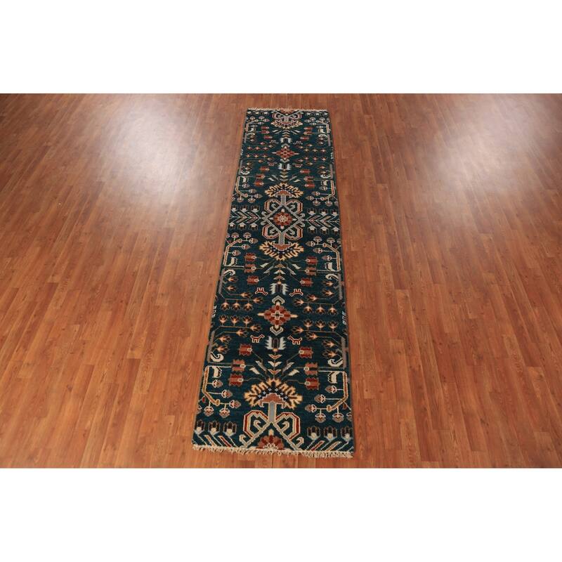 All-Over Green Tribal Kazak Indian Runner Rug Handmade Wool Carpet - 2'7"x 9'10"