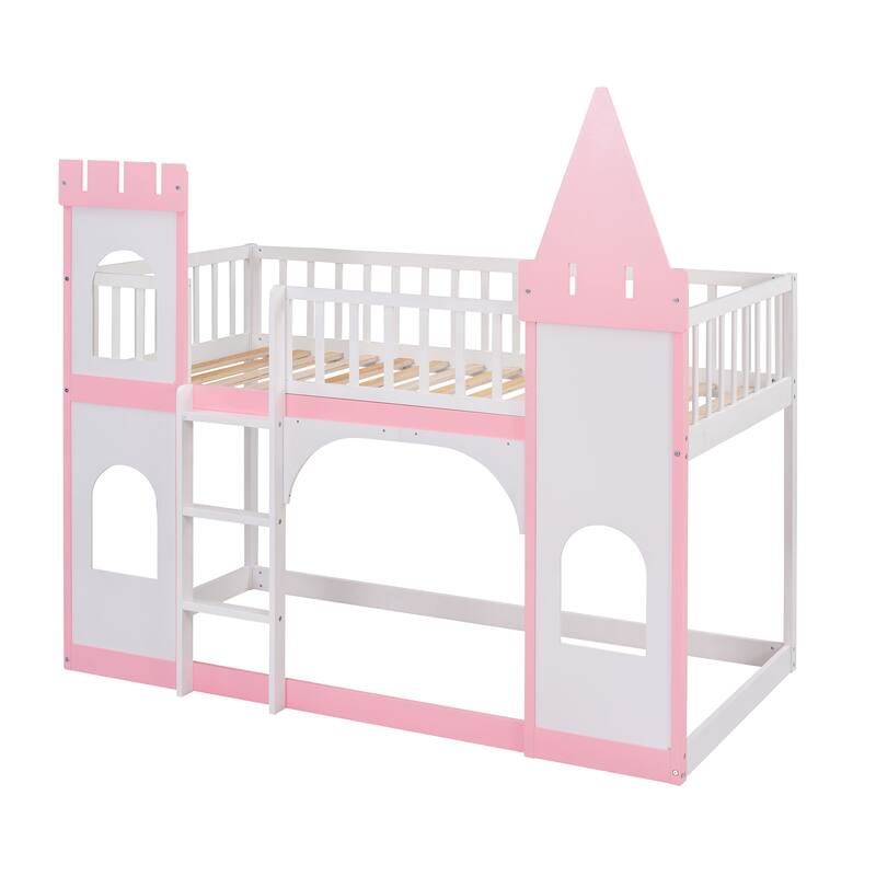 Twin Over Twin Castle Style Bunk Bed with Ladder and Guardrail