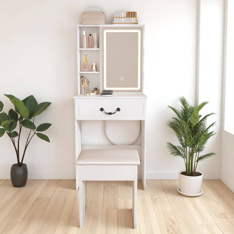 Mini Makeup Vanity with LED Lighted Mirror - Hidden Storage, Stool, 3 Light Modes, Multi-Tier Shelves - White