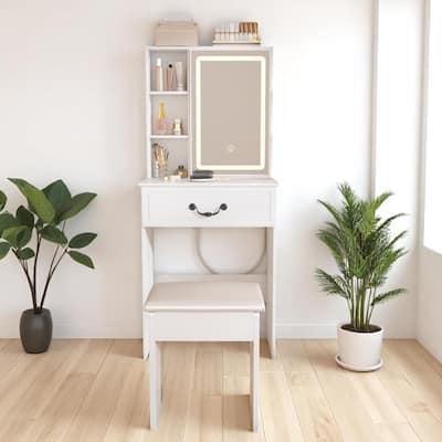 Mini Makeup Vanity with LED Lighted Mirror - Hidden Storage, Stool, 3 Light Modes, Multi-Tier Shelves