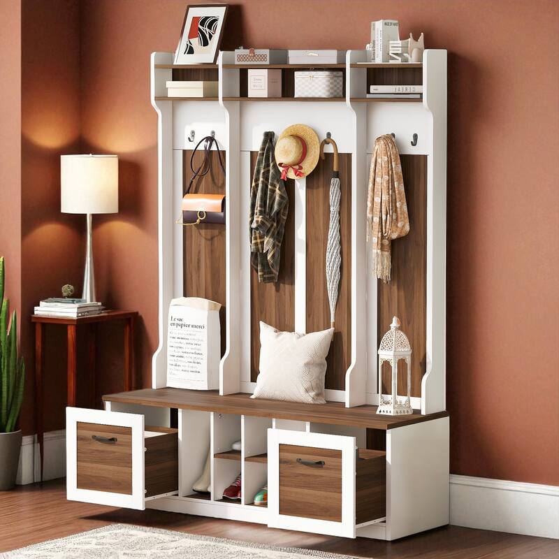 58.8 in Wide Hall Tree with Bench, 7 Hooks, 2 Drawers, Adjustable Shelves, Entryway Coat Rack Organizer, 76.7 in H