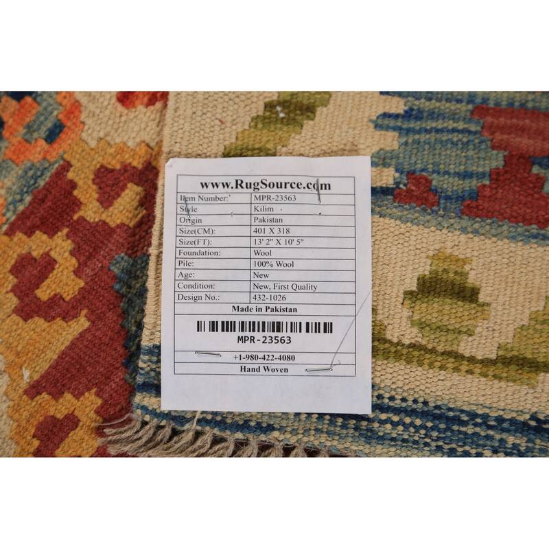 Tribal / Geometric Kilim Oriental Area Rug Hand-Woven Wool Carpet - 10'5"x 13'2"