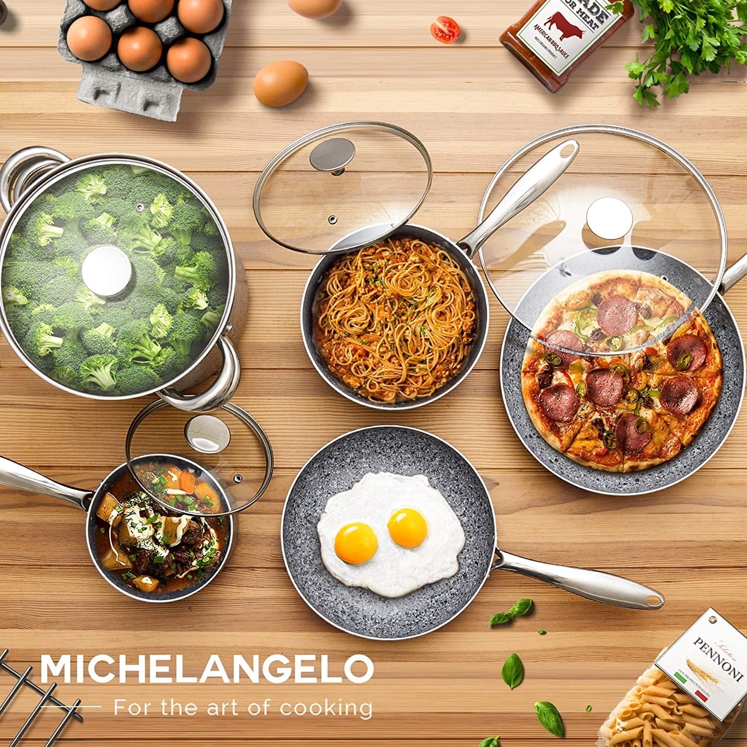  MICHELANGELO Pots and Pans Set 8 Piece, Cookware with Granite  Coatings for Super Nonstick Result, Essential Stone Utensil: Home & Kitchen