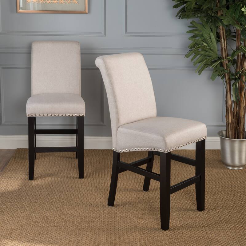 Roomfitters Contemporary Upholstered Counter Stools with Nailhead Trim, Wheat Fabric Set of 2