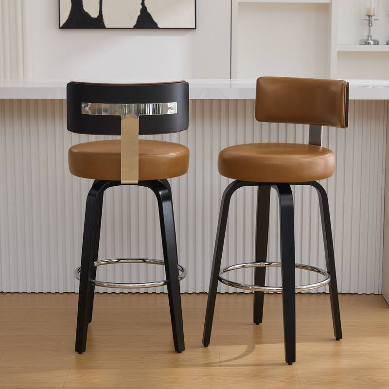 Upholstered Swivel Counter/ Bar Stools with T-Shaped Backrest - Set of 2 - Brown - Bar Height