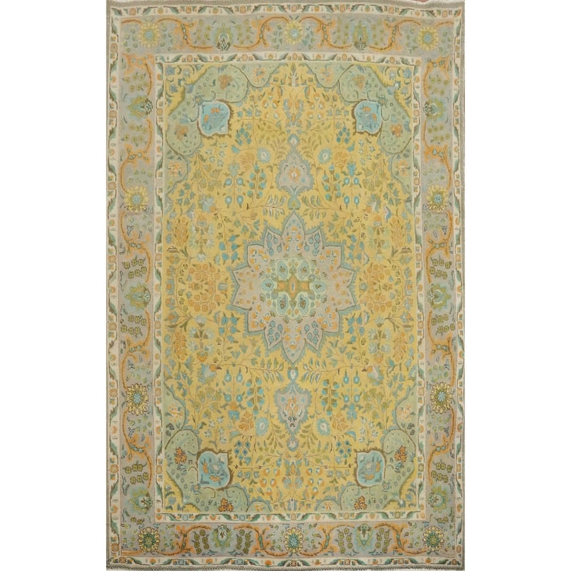 Hand Knotted Oriental 100% Wool Carpet Traditional Floral Yellow & Gold Tabriz Area Rug - 9' 4'' X 6' 8''