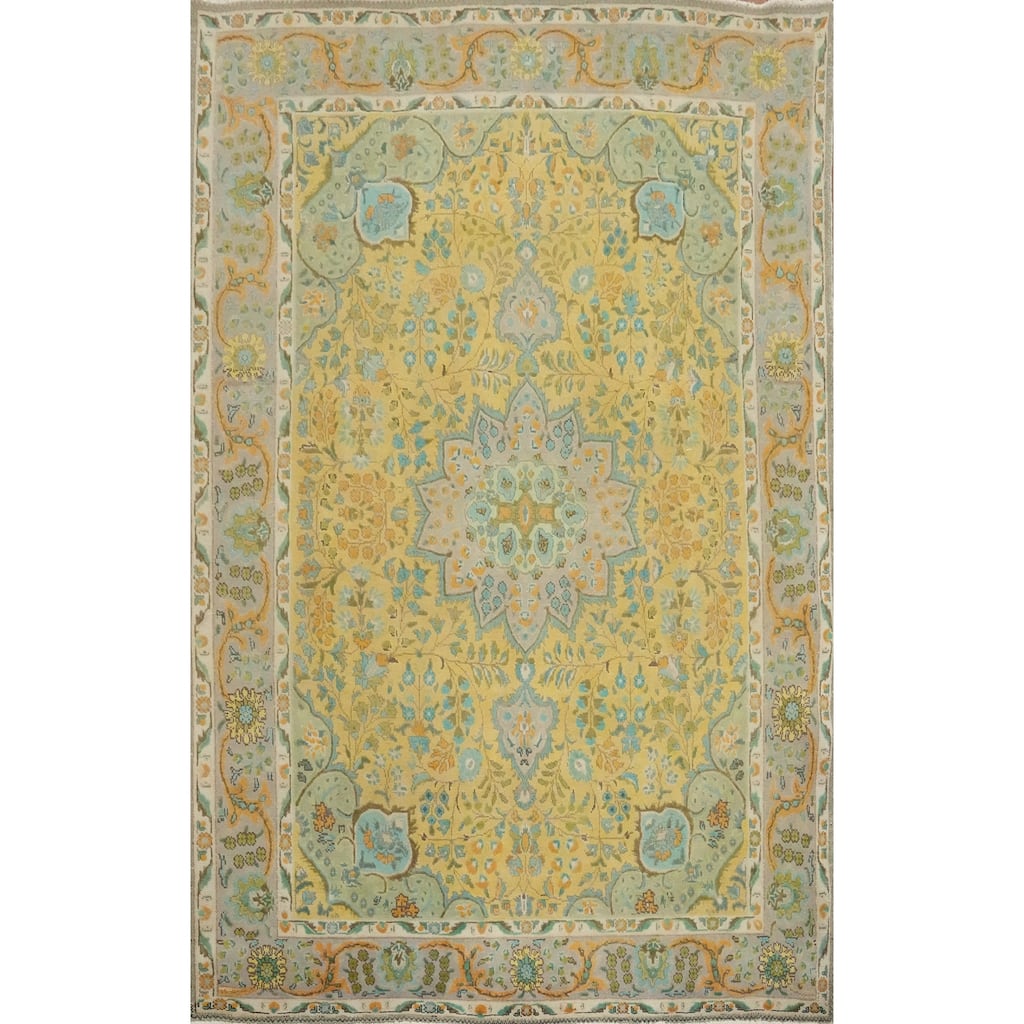 Hand Knotted Oriental 100% Wool Carpet Traditional Floral Yellow & Gold Tabriz Area Rug - 9' 4'' X 6' 8''