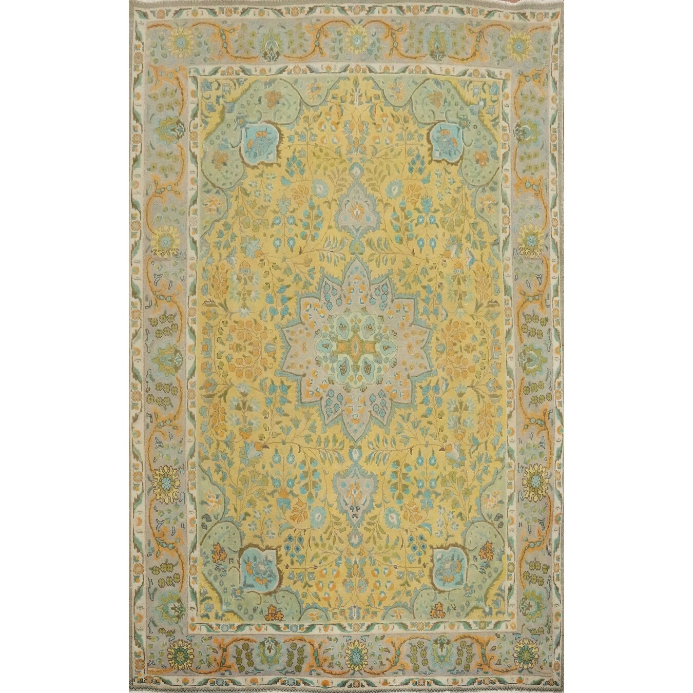 Hand Knotted Oriental 100% Wool Carpet Traditional Floral Yellow & Gold Tabriz Area Rug - 9' 4'' X 6' 8''