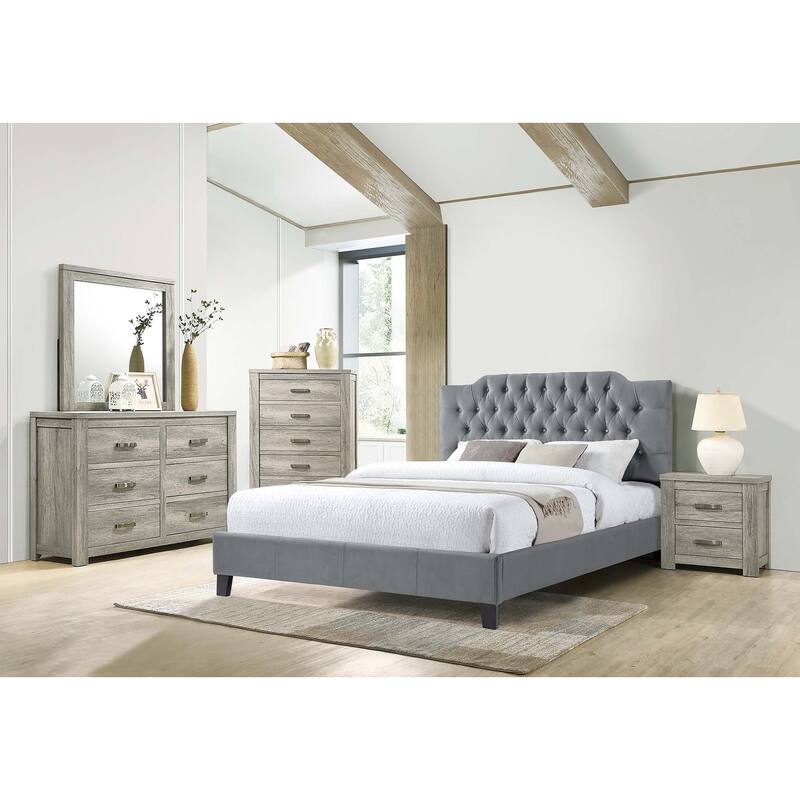 Modern Gray Velvet Full Size Bed with Tufted Headboard