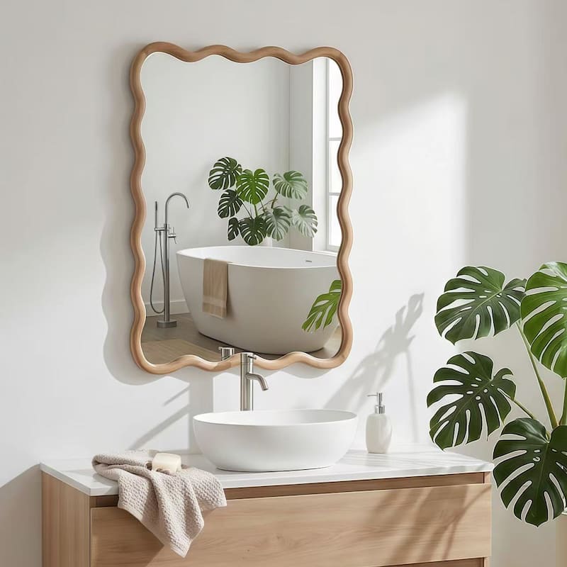 20"x30" Wavy Rectangle Solid Wood Frame Decorative Mirror,For Bedroom, Bathroom, Living Room, Entryway - Natural Wood