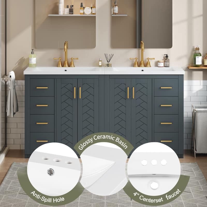 60" Modern Bathroom Vanity with Separate Ceramic Sink, Solid Wood and MDF Storage Cabinet, Soft Closing Doors