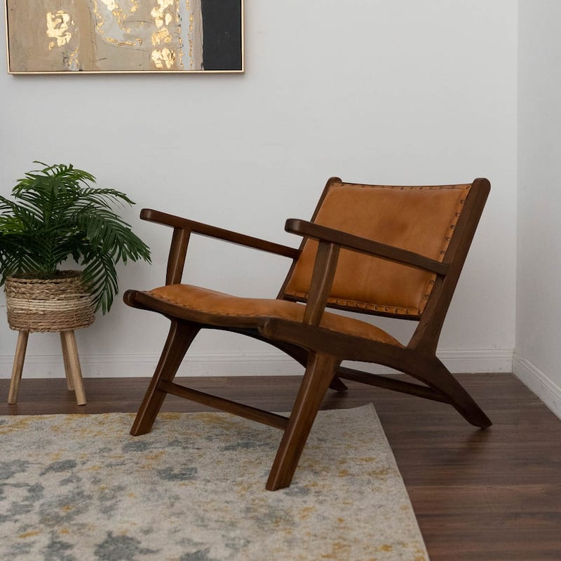 Marino Mid-Century Modern Genuine Leather Lounge Chair in Tan