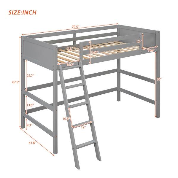 Gray Twin Size Solid Wood Loft Bed with Ladder and Fence for Bedroom, Boys and Girls