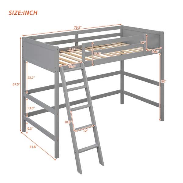 dimension image slide 0 of 3, Twin Size Wooden Loft Bed with Ladder & Safety Guardrail, Solid Wood Loft Bed Frame for Kids Boys Girls, No Box Spring Needed