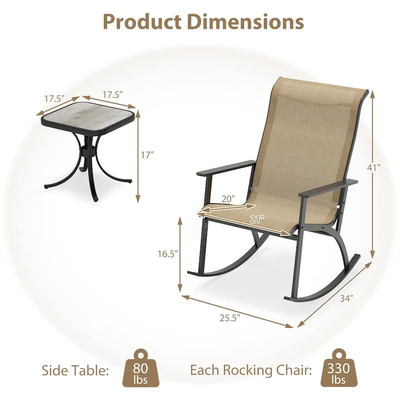 Black-Brown Metal Patio Rocking Chair Set with Side Table and Fabric - Chair: 34" x 25.5" x 41"