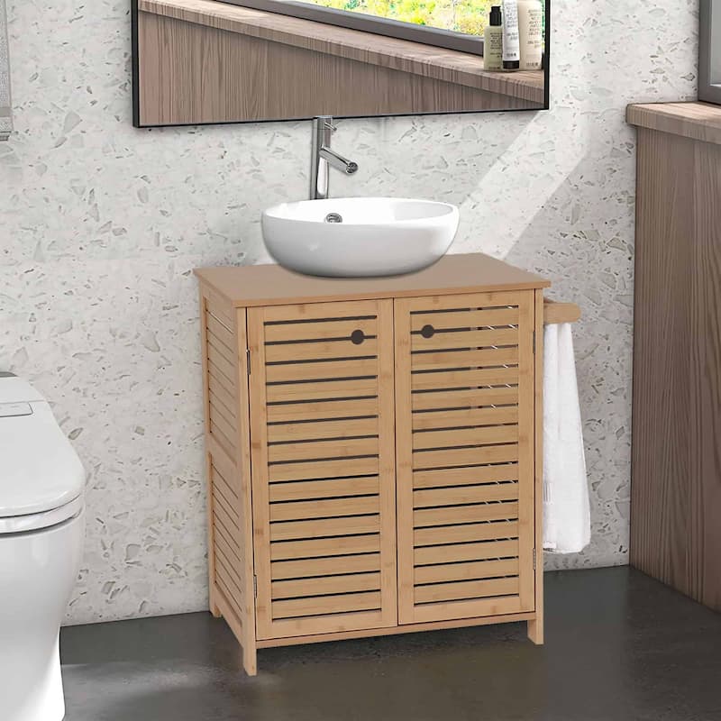Natural Under Sink Cabinet with U-Shaped Cut-Out, Double Vented Doors, Towel Holder - Trinidad Collection