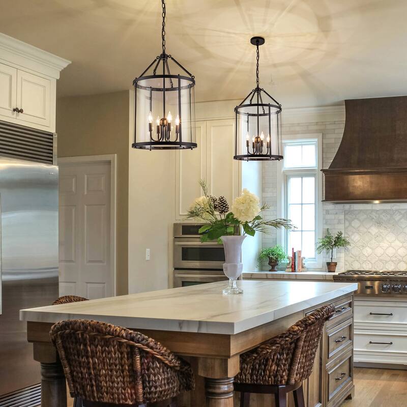 4 - Light Farmhouse Lantern Glass Drum Chandelier for Entryway