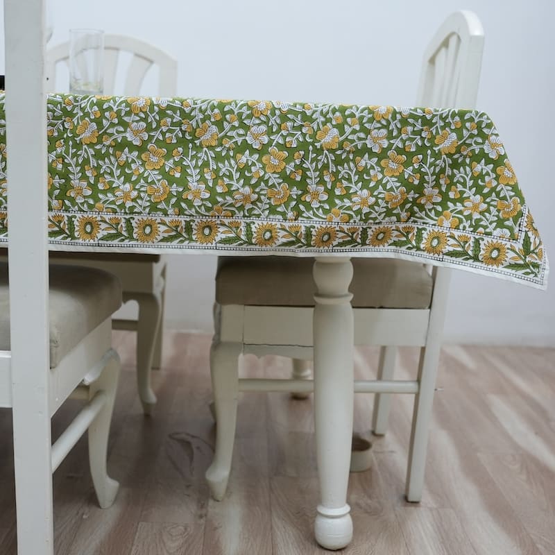 Fabdivine Handmade Block Print Cotton Brown Table Cover or Cloth Dining, Farmhouse & Kitchen Décor - 60"X90" - Saundrya- Yellow, Green