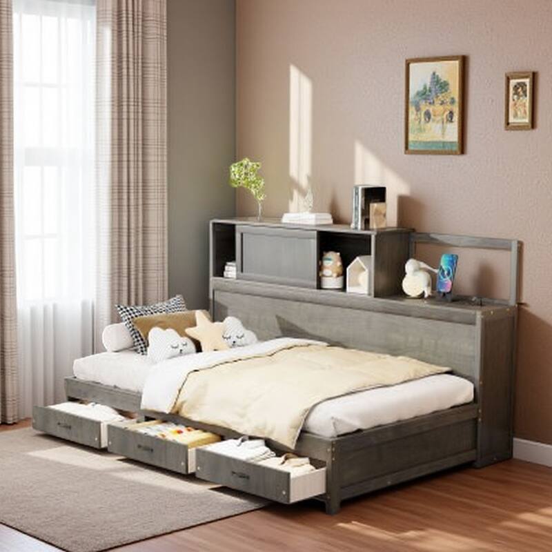 Full Size Wooden Daybed with 3 Storage Drawers, USB Ports, Pushable Shelf, and Soft Headboard - Twin Gray - Twin
