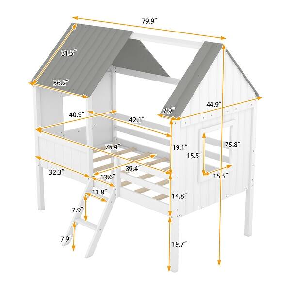 dimension image slide 1 of 2, Stylish & Playfun Design Low Loft Bed with Roof, Ladder, Guardrail and Windows, Twin Size