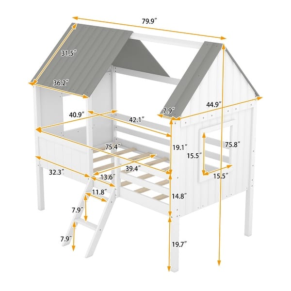 dimension image slide 0 of 4, Twin Size Low Loft Bed House Bed with Roof, Side Windows, Ladder and Safety Guardrail, Playhouse Bed with Wood Frame for Kids