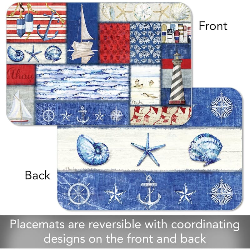 Nautical Fragments 4 Pack Reversible Easy Care Flexible Plastic Placemats Made in The USA BPA Free Easily Wipes Clean