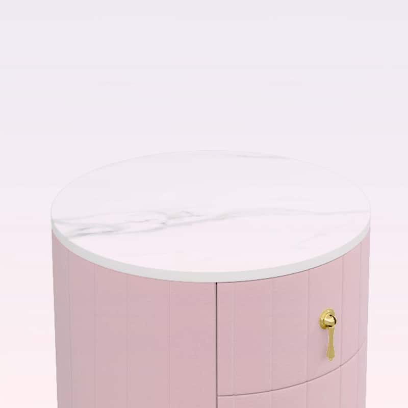 Round Nightstand with 3 Drawers,Metal Handles,Marbling Sticker Top for Bedroom