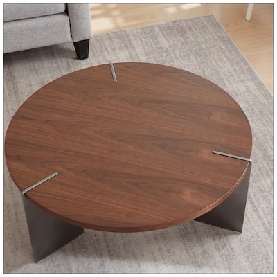 Round Coffee Table Walnut Wood Surface and Black Metel Feet