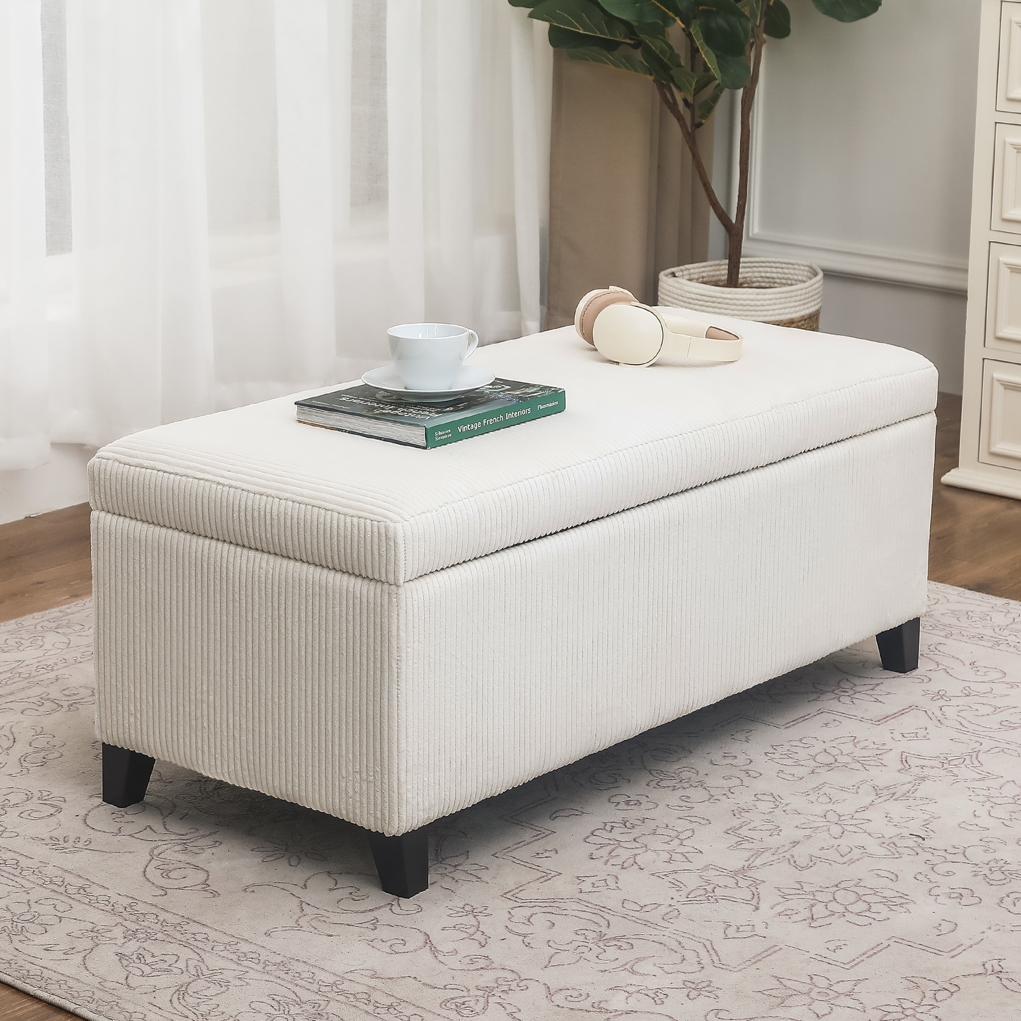 Adeco Velvet Storage Ottoman Bench Rectangular Footstool Lift Top