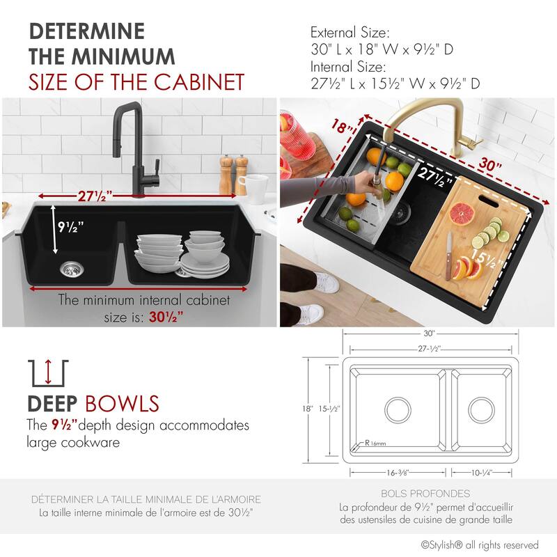 Composite Granite Dual-Mount 30" Double-Bowl kitchen Sink - 30" x 18" x 9.50"