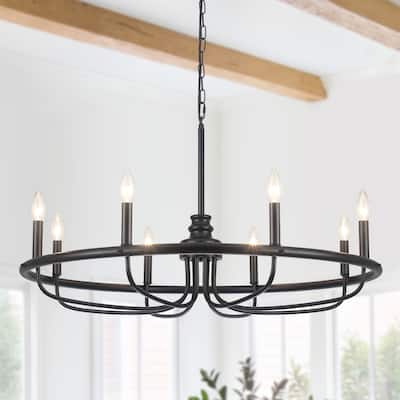 33.86-Inch Industrial 8-Light Candle Chandelier - Unique Circular Design Wagon Wheel Chandelier, Farmhouse Chandelier