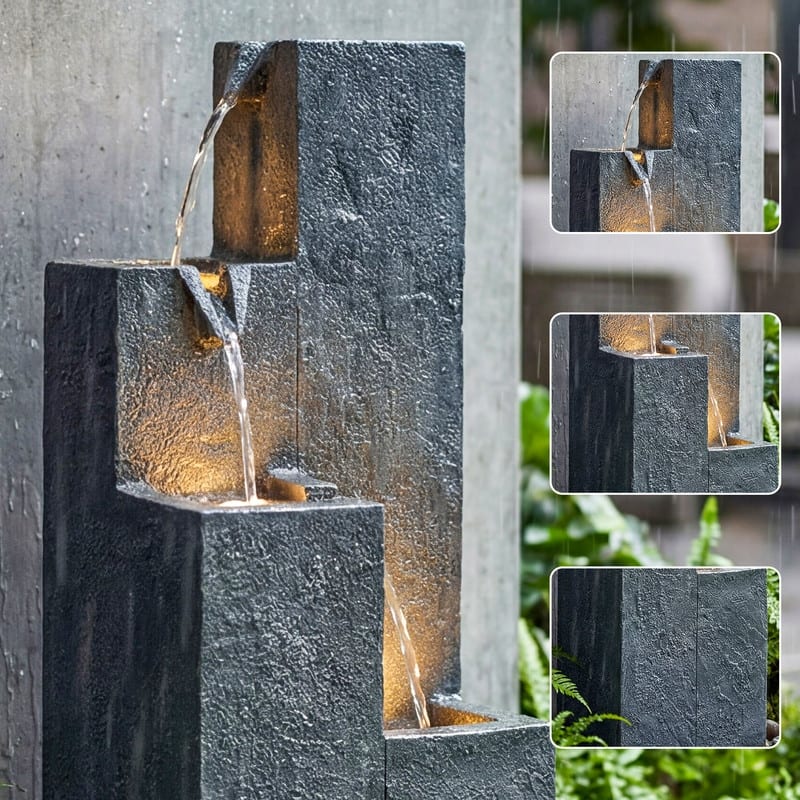Vbal Modern Minimalist 4-Tier Outdoor Flowing Geometric Floor Fountain with 3 Warm LED Lights