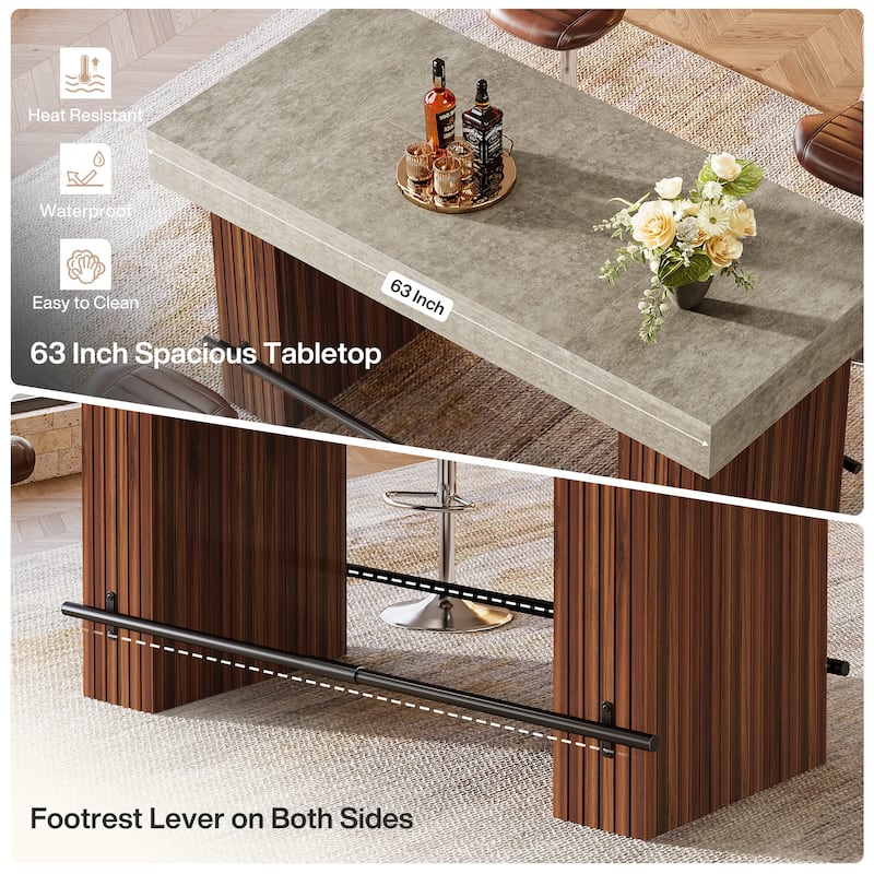 63-Inch Bar Table, Industrial with Metal Footrest for Home Kitchen, Dining Room, Bistro