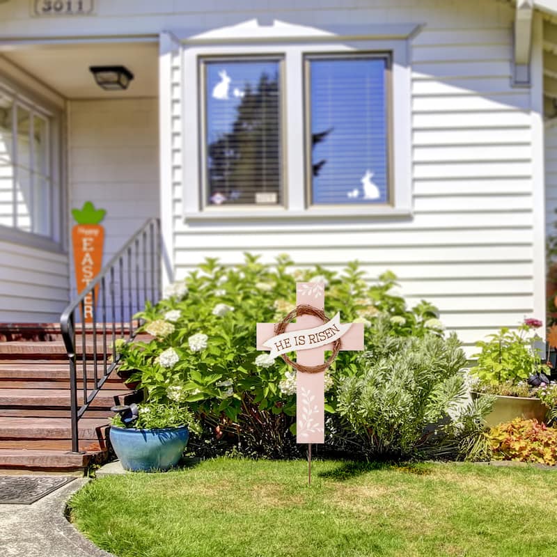 Glitzhome 32"H Easter Wooden Metal Cross Yard Stake Wall Decor