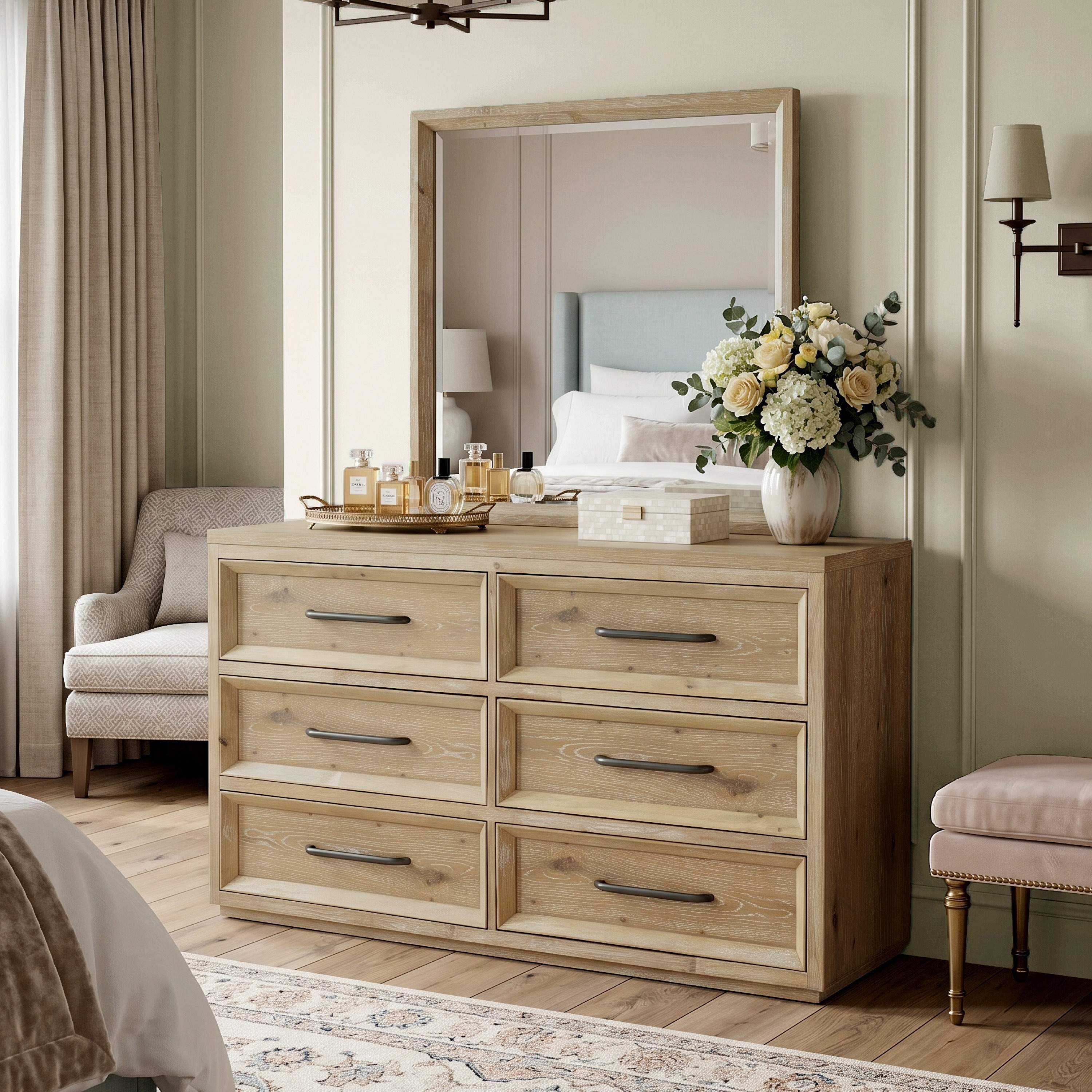 Furniture of America Tupho 2-Piece Natural Wood 6-Drawer Dresser and Mirror Set