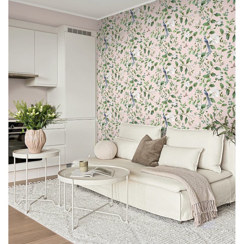 Daisy Bennett Designs Chinoiserie Bird Vine Premium Matte Non-Woven Peel and Stick Wallpaper