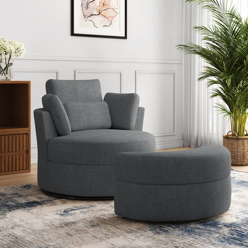 Oversized Upholstered Swivel Barrel Chairs with Storage Ottoman