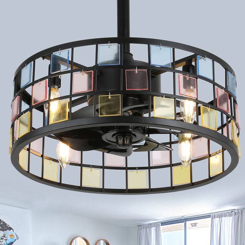 Oaks Aura Coronel 18in. DIY Tiffany Stained Glass Modern Ceiling Fan with Lights, Industrial 3-Speed Caged Ceiling Fan w/Remote - Black