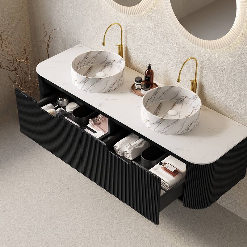 GDFStudio - Dina 60" Curved Edges Striped Bathroom Vanity with 2 White Stone Ceramic Basins, 2 Drawers, NO Faucet