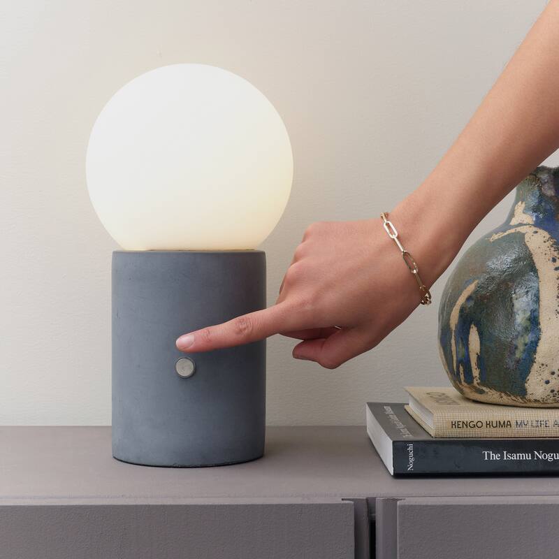 Brightech Kai 11 in. Cement Gray Mid-Century Modern Integrated LED Bedside Table Lamp with Built-In 3-Way Dimmer