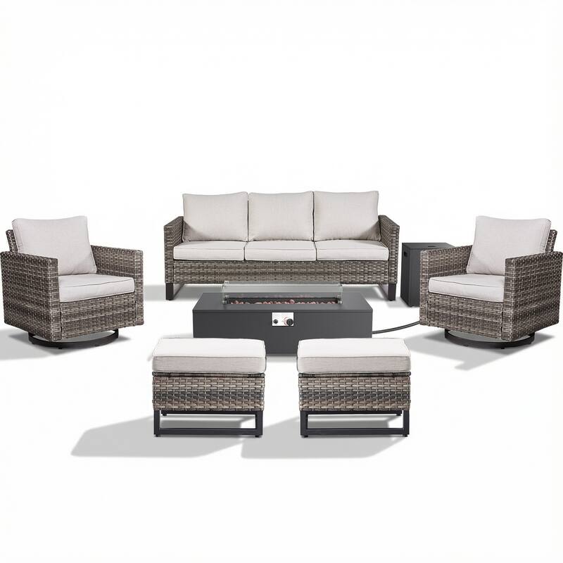 Pocassy 7-Piece Patio Sofa Swivel Chair Ottoman with Fire Table