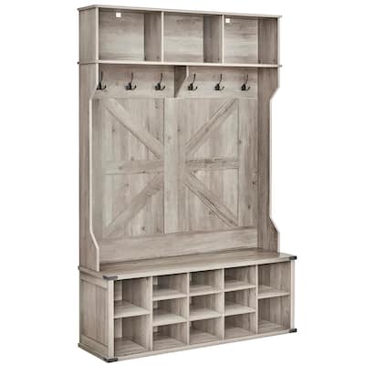 4-in-1 Hall Tree with Bench Coat Hooks Shoe Cubby Storage and Top Shelves Farmhouse Entryway Rack - 15.7"D x 51.2"W x 78.7"H