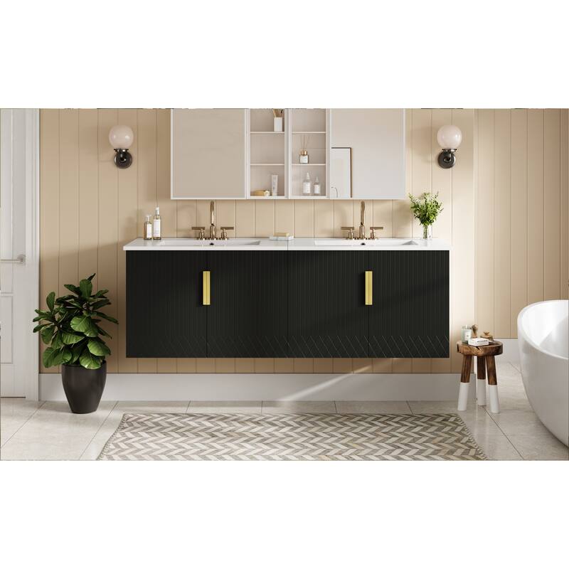 GDFStudio - Marwood Vintage Double Bathroom Vanity Set with 3 Holes Single Ceramic Sink & Soft Closing Doors - 60'W