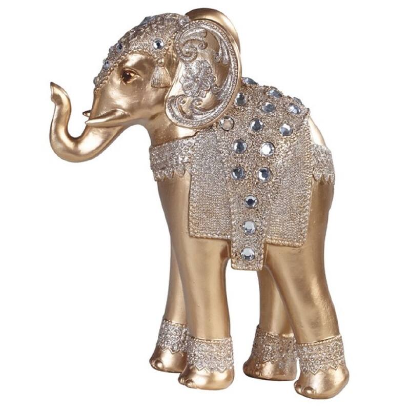 Q-Max 9"H Standing Elephant with Gem Statue Slim Elephant in Gold and Silver Feng Shui Decoration Figurine