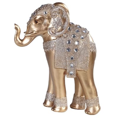 Q-Max 9"H Standing Elephant with Gem Statue Slim Elephant in Gold and Silver Feng Shui Decoration Figurine