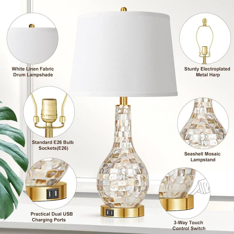 Set Of 2 Gold Shell Pearl Tile Table Lamp, Coastal Style Bedside Table Lamp With USB Port, 3-Way Touch Control Lamp Included