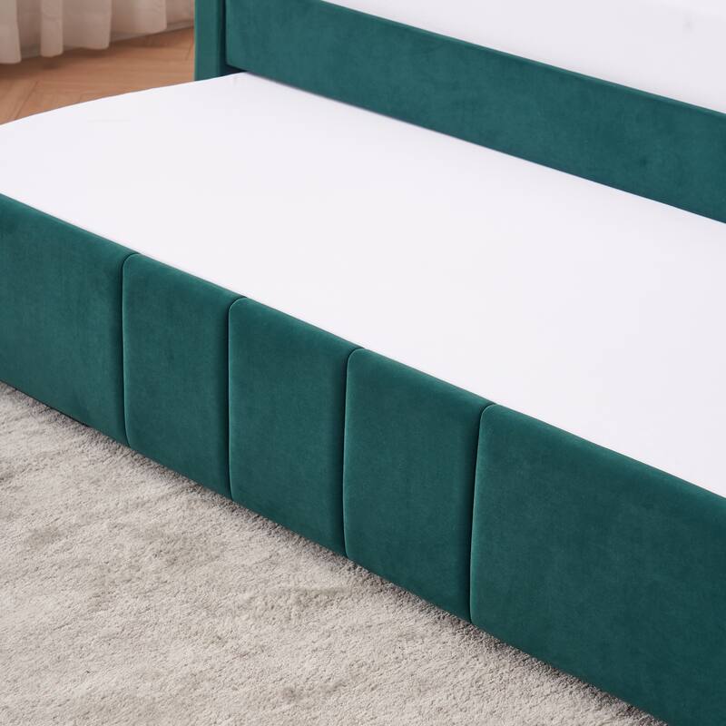 Twin Size Velvet Upholstered Daybed, Wood Sofa Bed Frame Daybed Couch with Trundle Bed and Wood Slat
